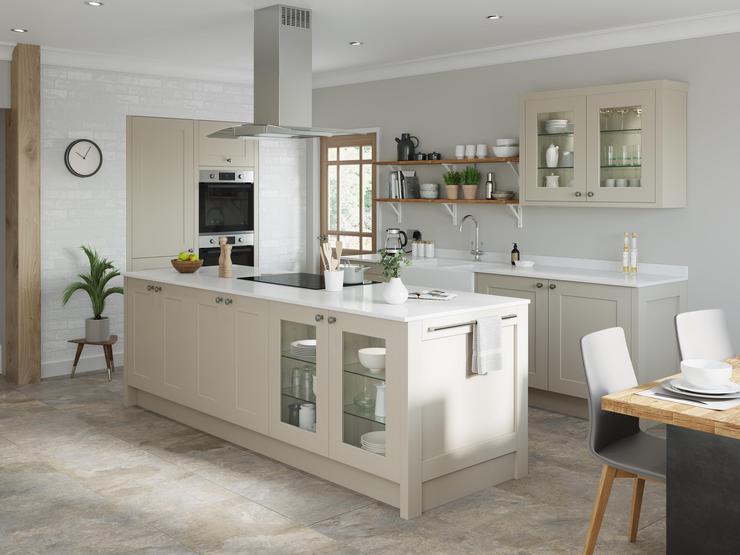 Pebble grey shaker kitchen with inset units incorporating a double oven. Kitchen island with cabinet storage.