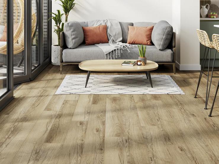 Plank flooring in a modern living and dining room