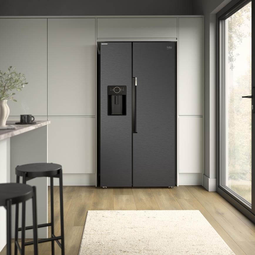 Beko American Style Fridge Freezer With Water Ice Clerkenwell Dove Grey Closed