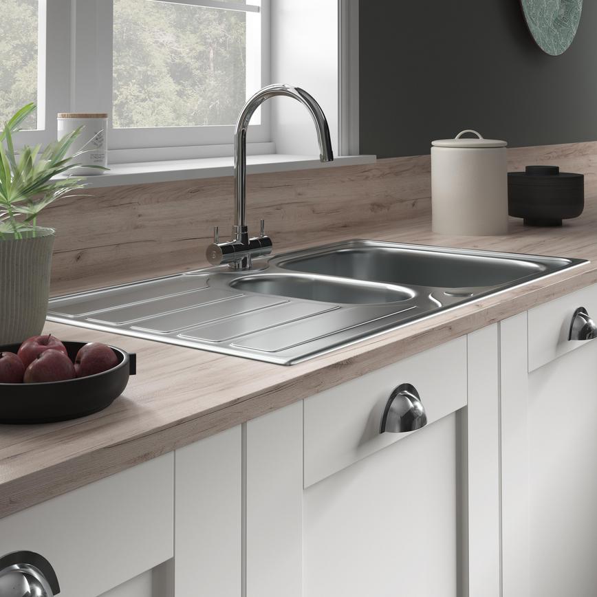 Drayton 1.5 Bowl Reversible Inset Stainless Steel Kitchen Sink, Rienza Polished Chrome Mixer Tap