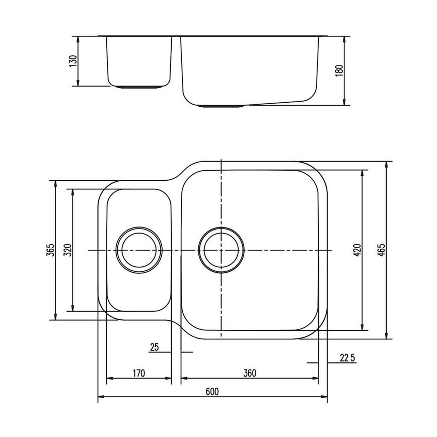 Cransley 1.5 Bowl No Drainer Undermount Stainless Steel Kitchen Sink Line Drawing