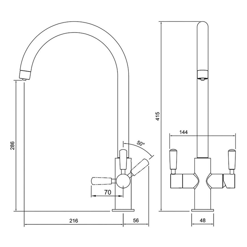 Pronteau Kynance PROBOIL2X Brushed Brass Swan Neck 3 in 1 Instant Hot Water Kitchen Tap Line Drawing
