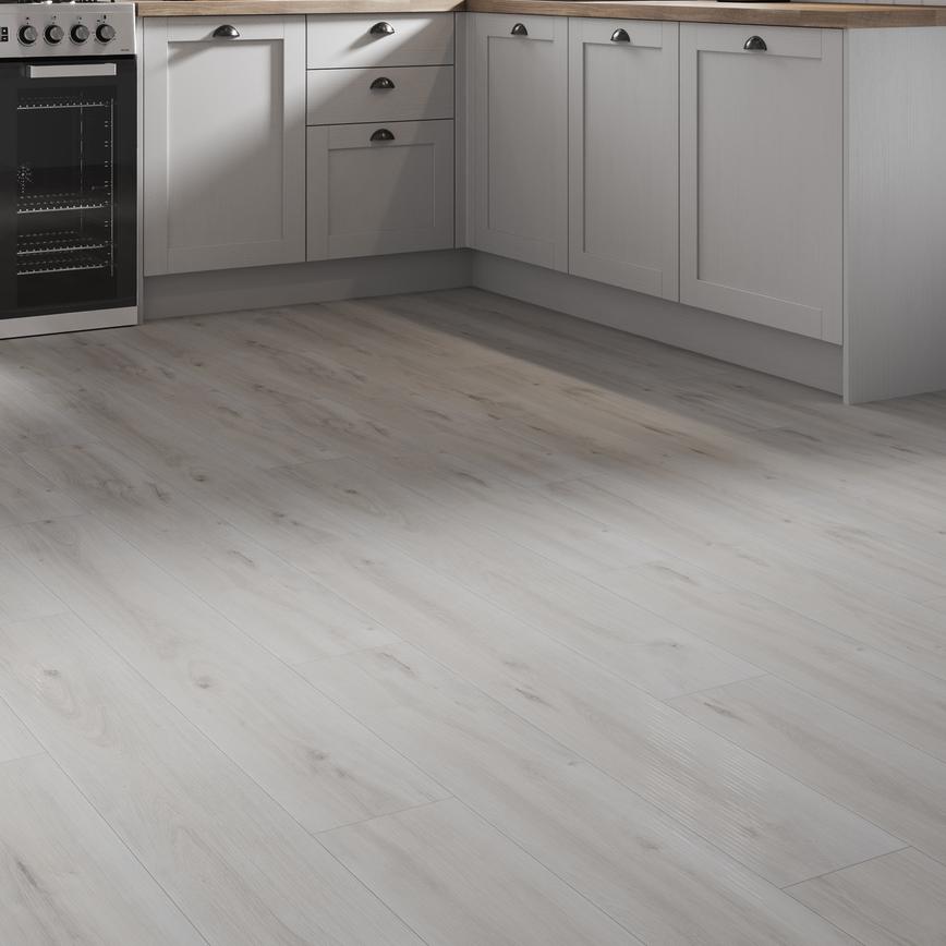 Howdens Professional V Groove Powder White Oak Laminate Flooring 2.22m² in Howdens Kitchen