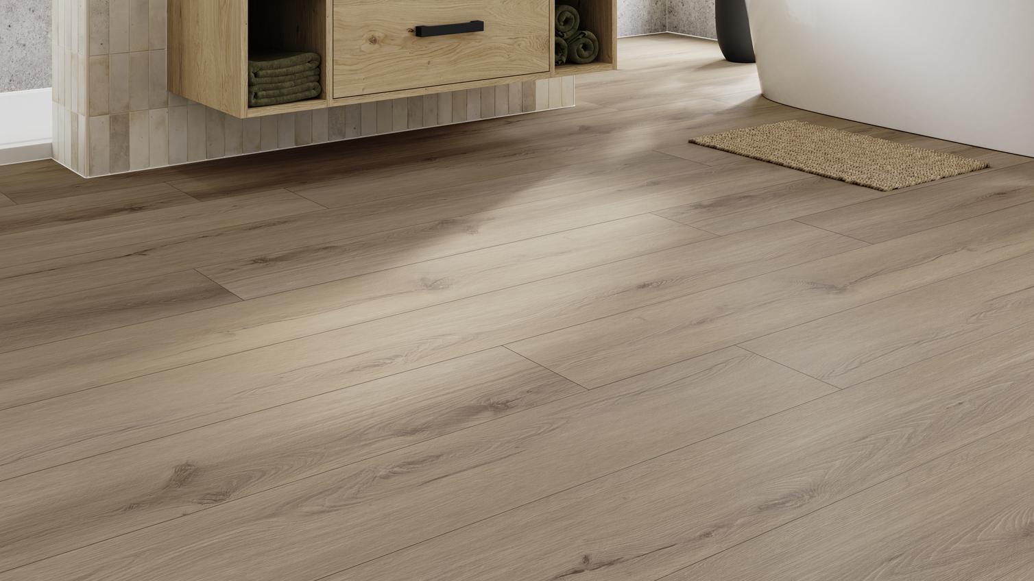 Oake and Gray Espresso Oak XL Luxury Rigid Vinyl Flooring with Integrated Underlay 1.7m² Pack in a Bathroom