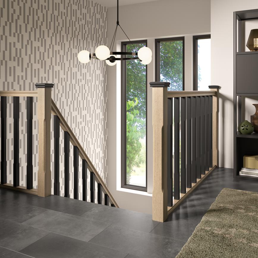 Chamfered Newel Post and Graphite Rigid Vinyl Flooring