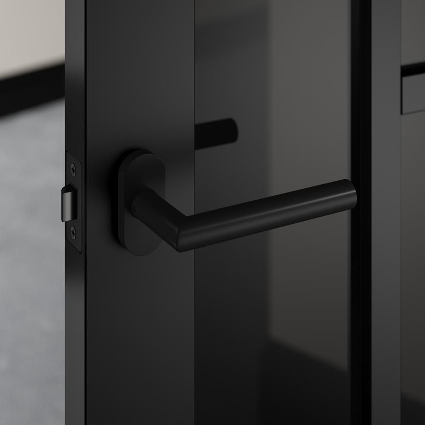 Lennox Mitred Slim Door handle with Lennox Short Tubular Latch Close Up