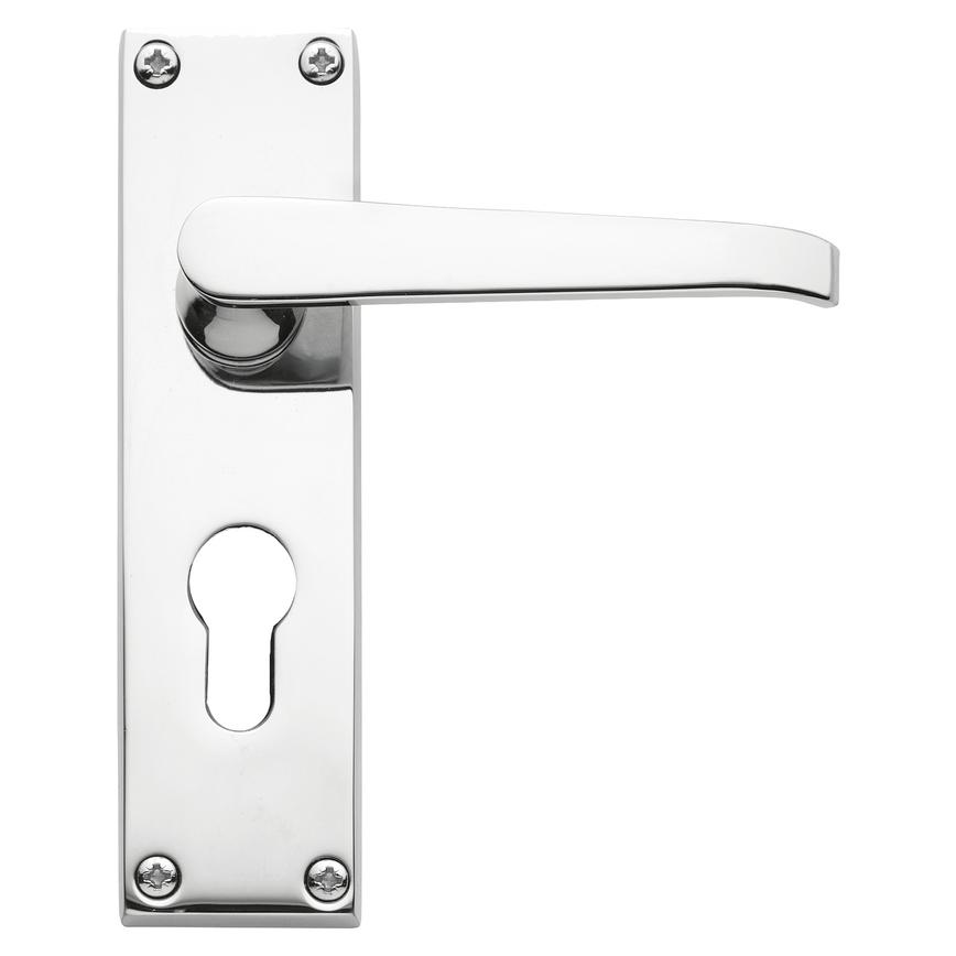 Victorian Lever on Backplate Euro Lock Polished Chrome Door Handle Pair