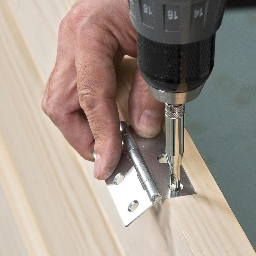 Trend HSS Quick Release Drill Bit Guide 3 Piece Set in Use on Door Hinge