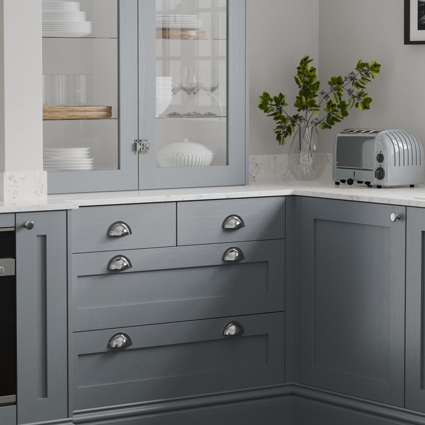 Chilcomb Dusk Blue - Chrome Cup, Knob and Latch Handles