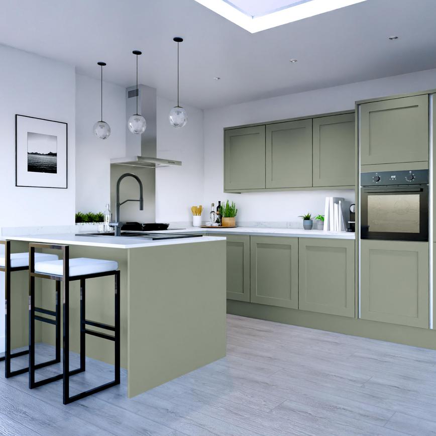 Chilcomb Reed Green Handleless Peninsula Kitchen