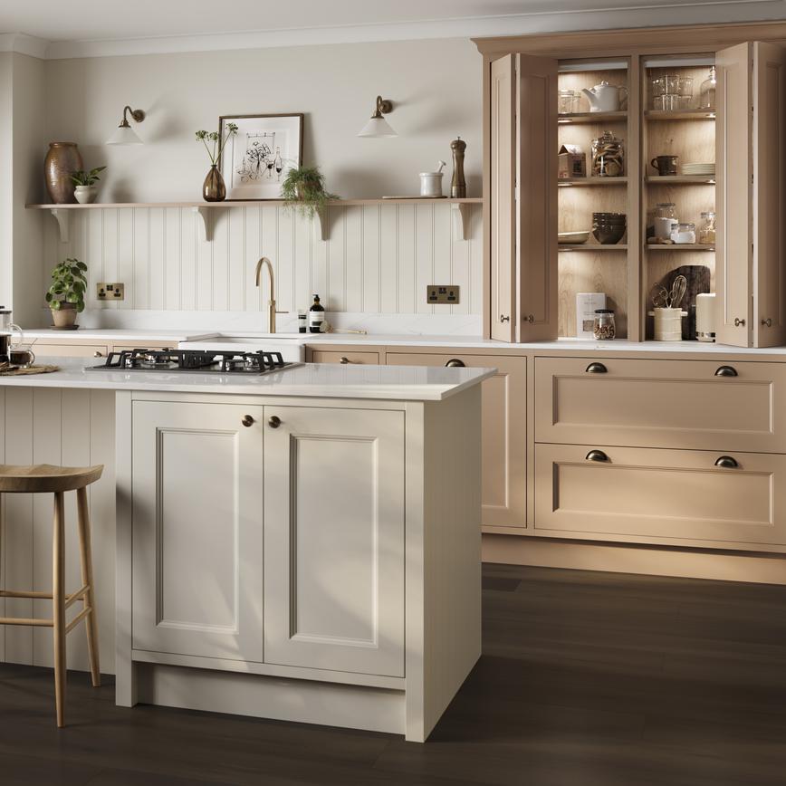 A teracotta kitchen with in-frame, shaker doors and a white island. It is styled with white worktops and oak flooring.