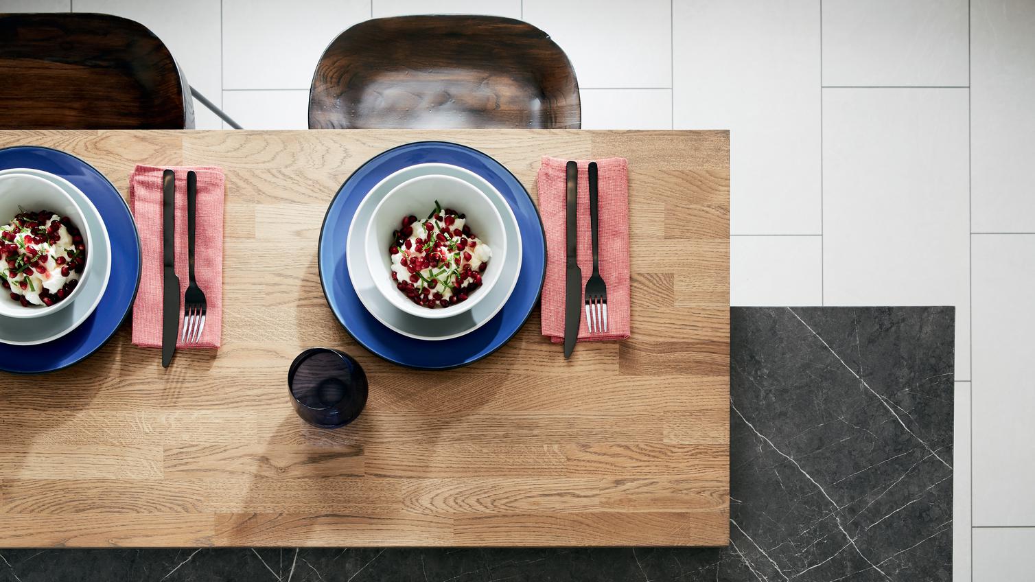 Solid Oak Block and Grey Marble Effect Square Edged Worktop