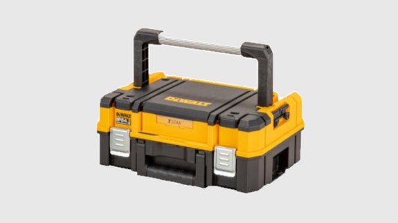 A closed toolbox with a handle, on a grey background.