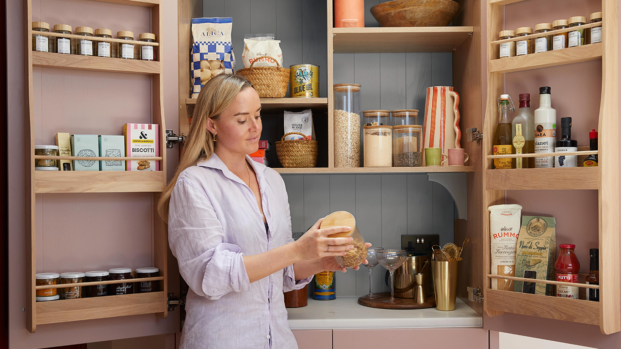 pink and blue bespoke kitchen larder
