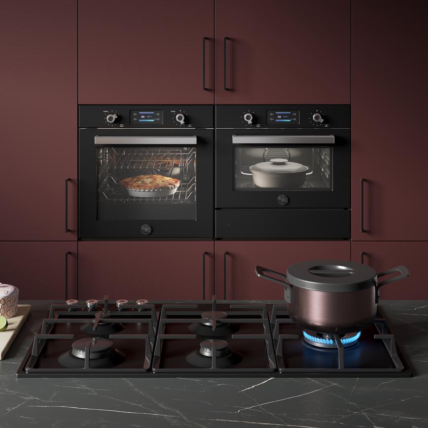 Bertazzoni Pro Series 90cm Gas Hob Pro Series Oven Pro Series Combi MW 3D Warming Drawer Featurning Hockley Garnet Red Kitchen
