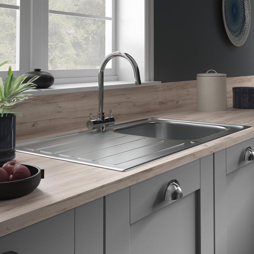 Drayton Single Bowl Reversible Inset Stainless Steel Kitchen Sink, Rienza Polished Chrome Mixer Tap