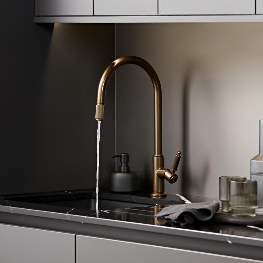 Holkham Powder Coated English Bronze Swan Neck Pull Out Tap Water Running