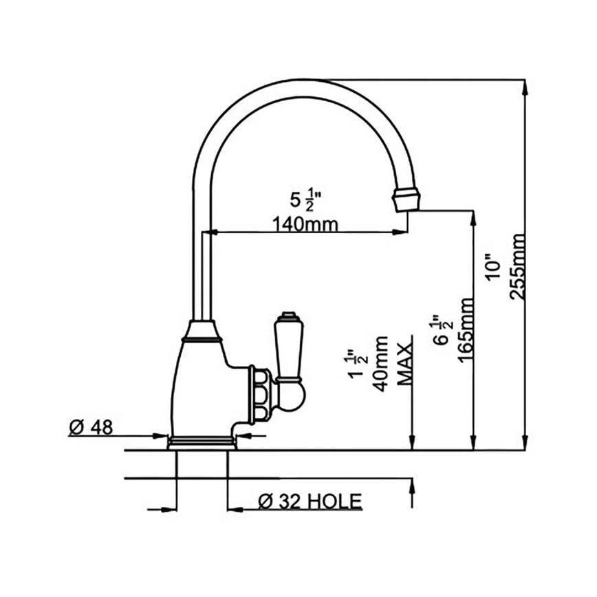 Perrin & Rowe Ionian Polished Chrome Swan Neck Standalone Instant Hot Water Kitchen Tap Line Drawing