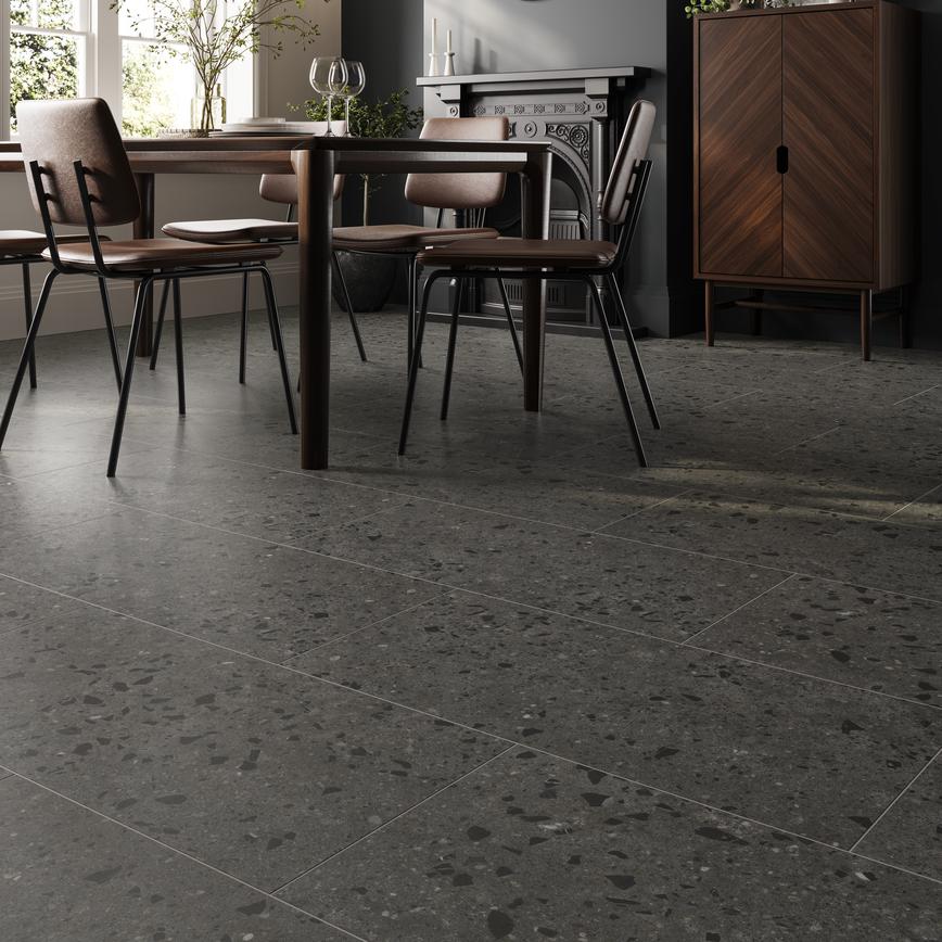 Oake and Gray Grey Terrazzo XL Luxury Rigid Vinyl Flooring with Integrated Underlay 2.62m² Pack in a Dining Room