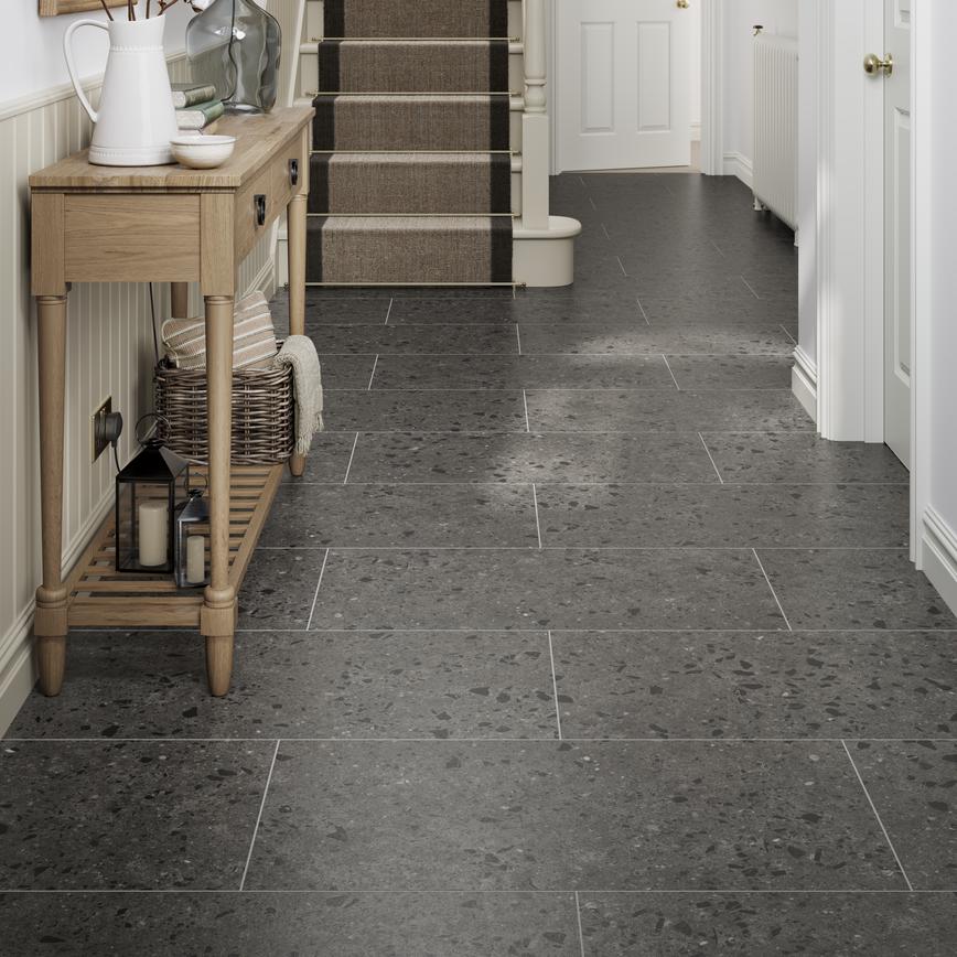 Oake and Gray Grey Terrazzo XL Luxury Rigid Vinyl Flooring with Integrated Underlay 2.62m² Pack in a Hallway