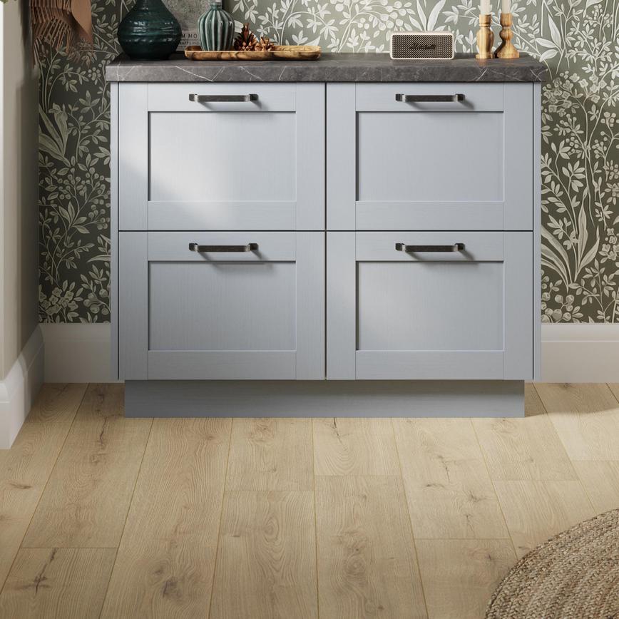 Howdens Professional V Groove Oak Laminate Flooring with an Allendale Dusk Blue Base Unit