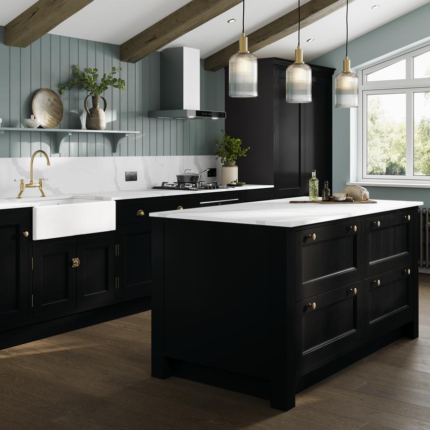 Elmbridge In-Frame Black & Seafoam Kitchen & Island Set Shot