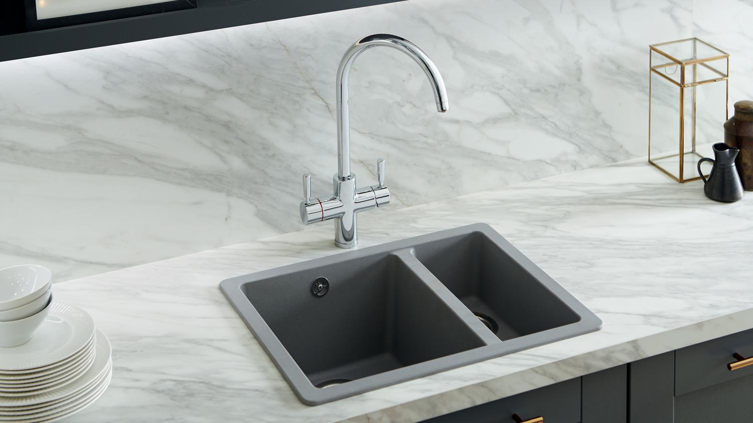 Lamona Grey granite composite sink and Arroscia 3-in-1 hot water tap