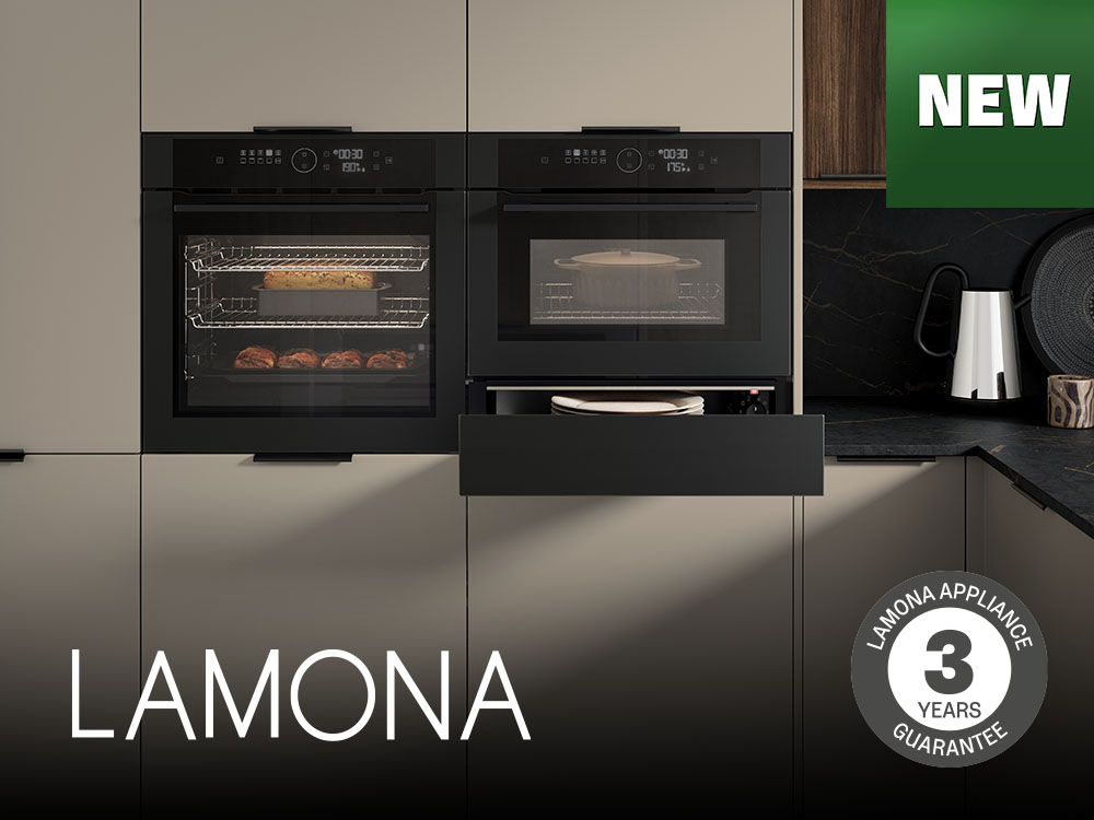 New Matt black lamona cooking appliances in a warm kitchen set showcasing a 3 year guarantee and brand logo