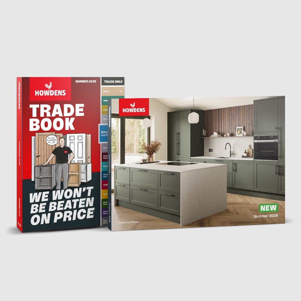 Howdens Summer 2025 Trade Book and Frome kitchen brochure featuring a modern shaker kitchen in ash green.